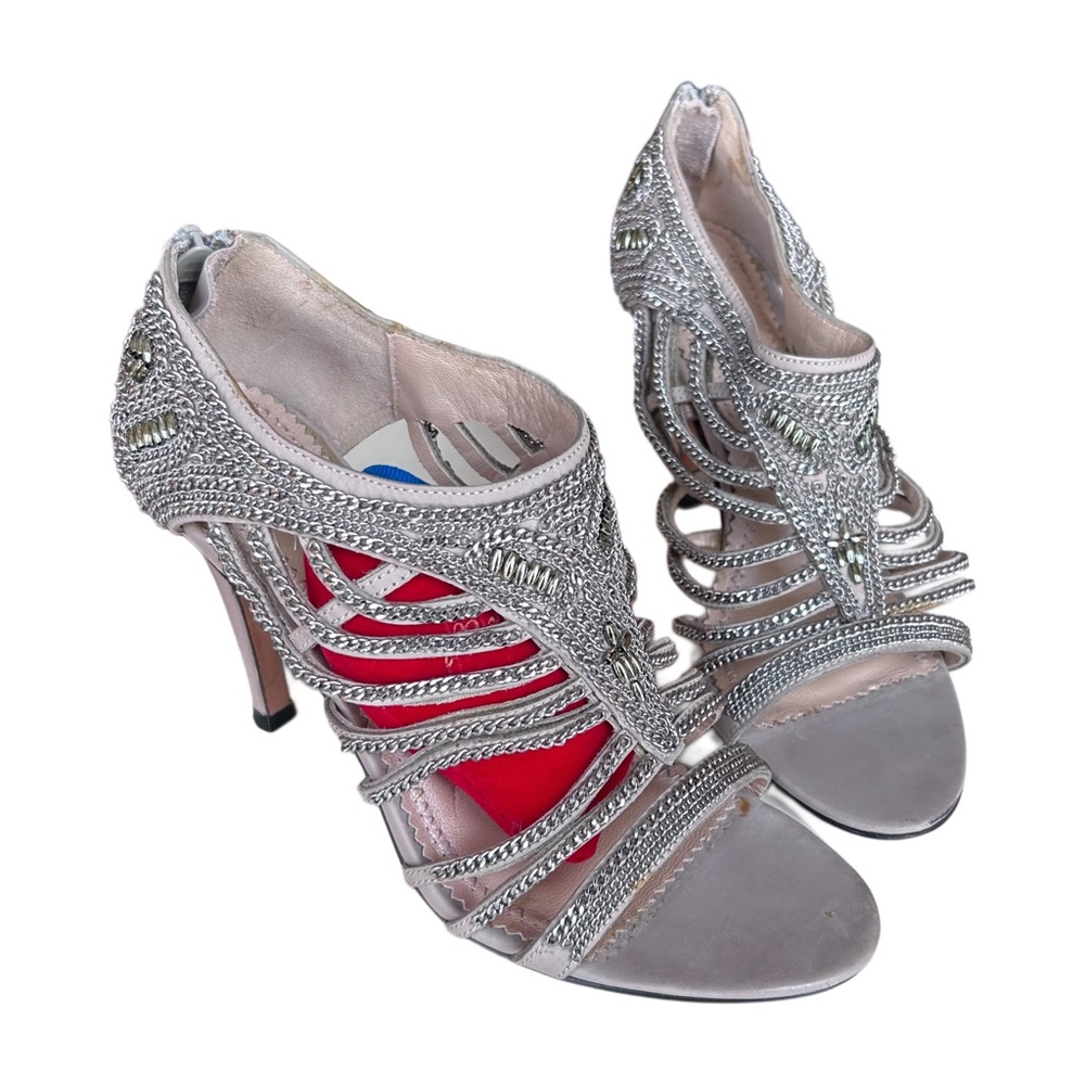 Silver Jeweled Strappy High Heel Sandals - Women's